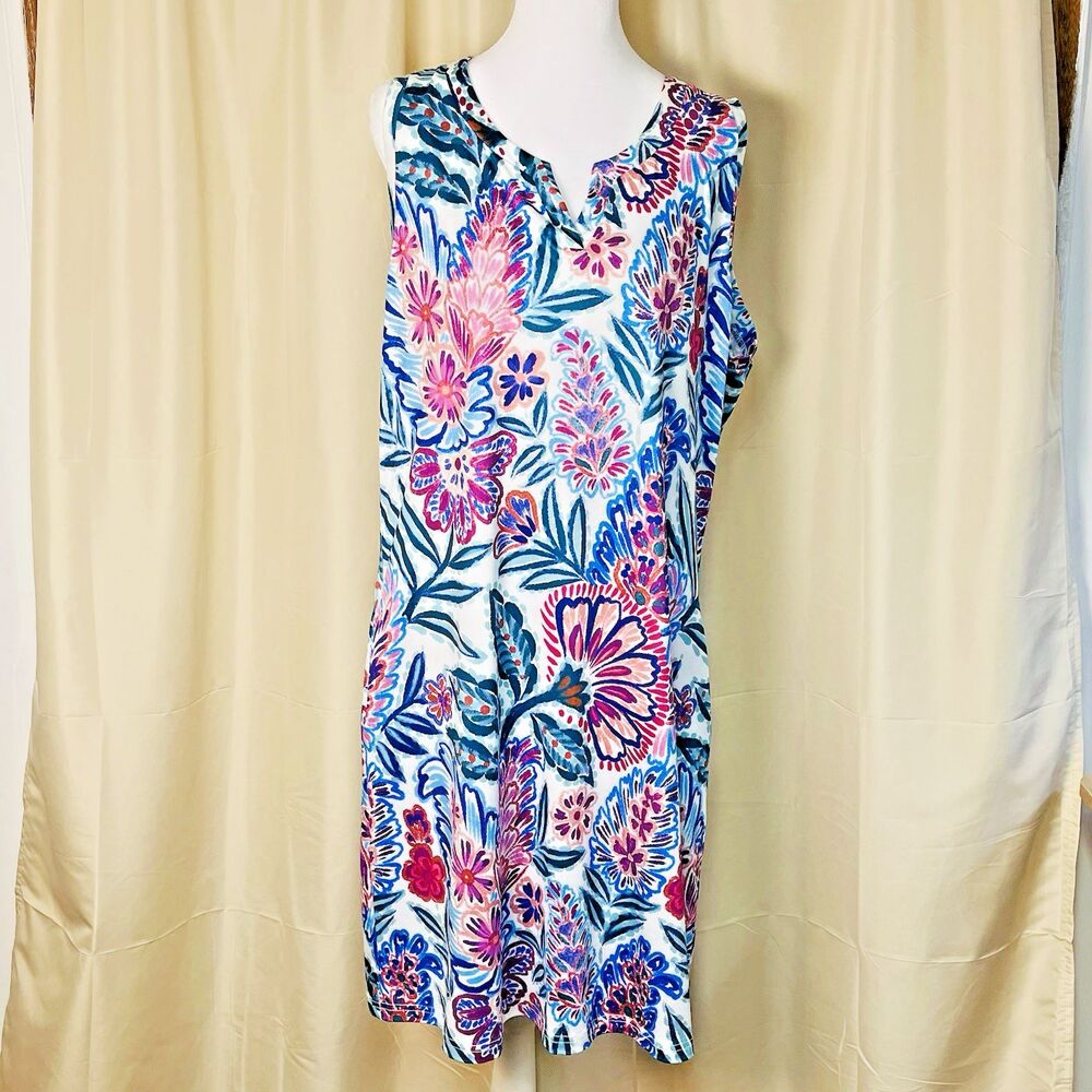 Elsie & Zoey L/XL Floral Sleeveless Swing Dress White Teal Pink Stretch Pockets